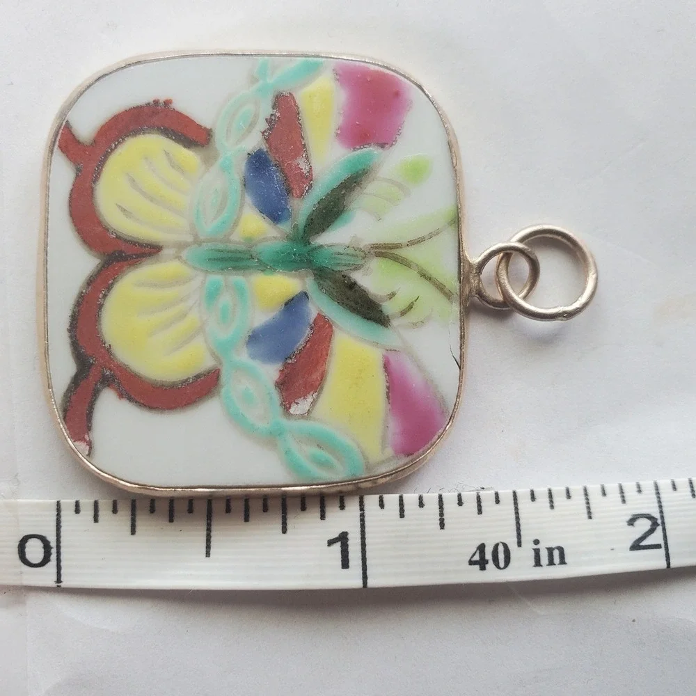 Vintage Hand Painted Porcelain Butterfly Pendant Square Silver Tone Charm Focal